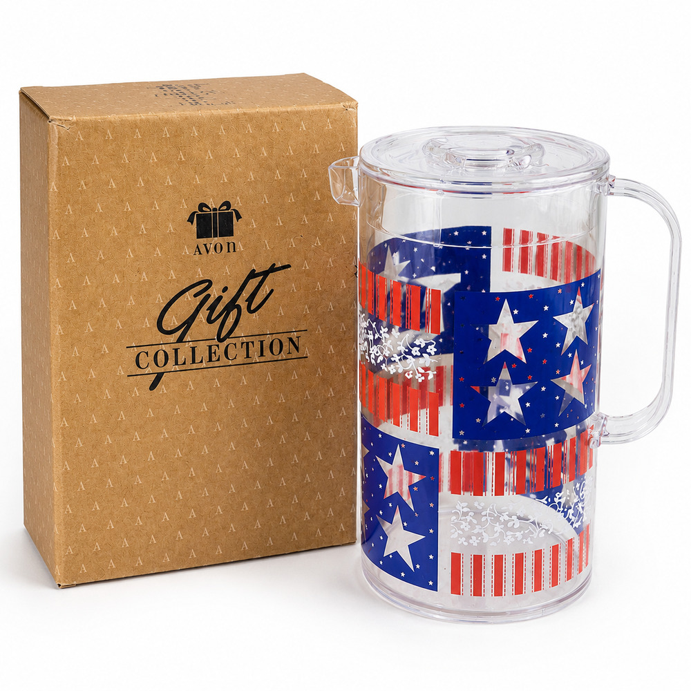 Vintage Avon Star Spangled Covered Pitcher w Lid Patriotic Red White Blue Box